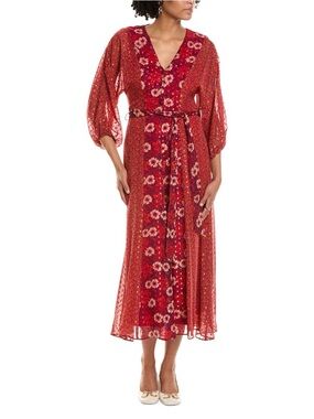 Taylor Red and Magenta Floral V-Neck Dress
